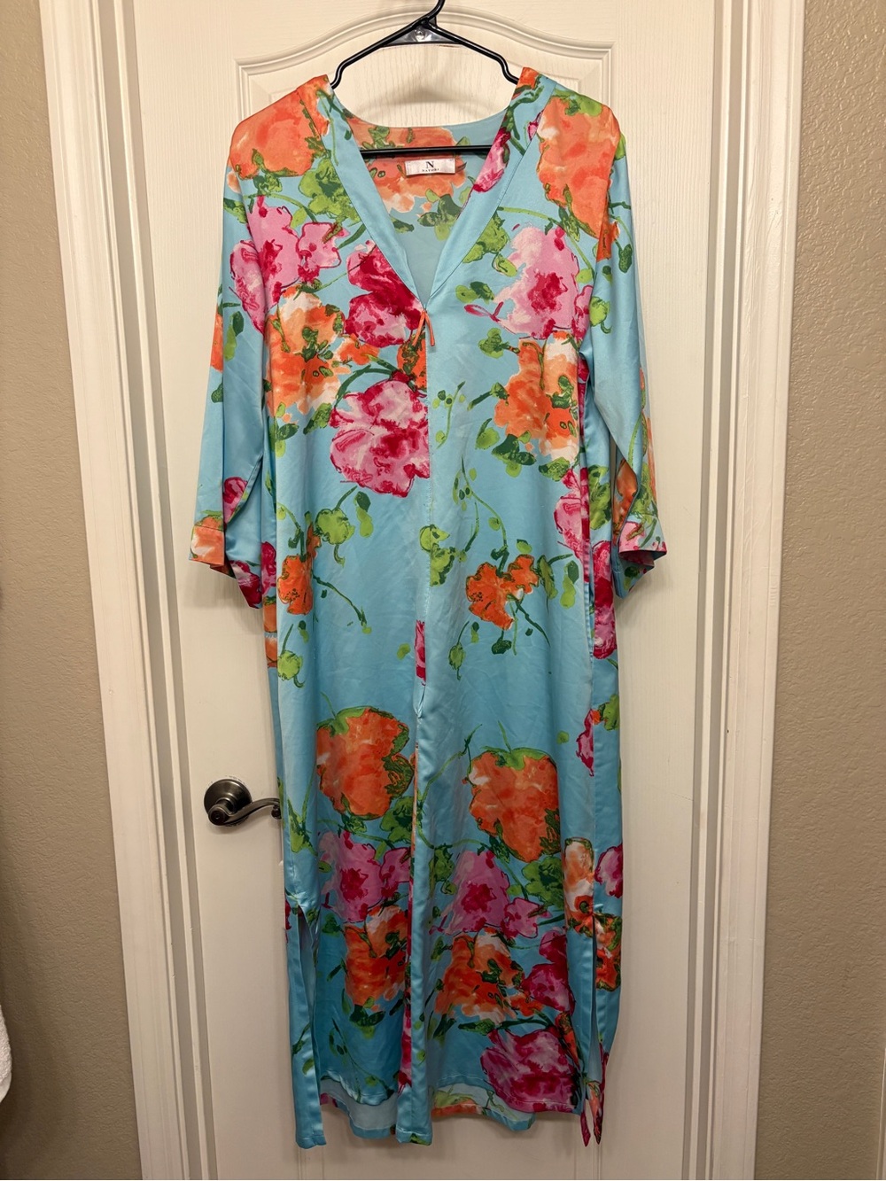 N Natori Watercolor Floral Satin Zip Caftan Maxi Dress Small